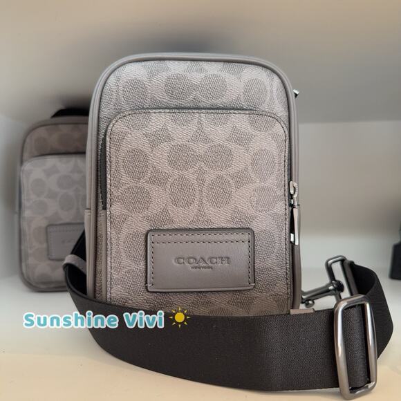 NWT COACH RACER Sling Bag Men Canvas Signature Leather CV763 Grey/Charcoal - Picture 1 of 12